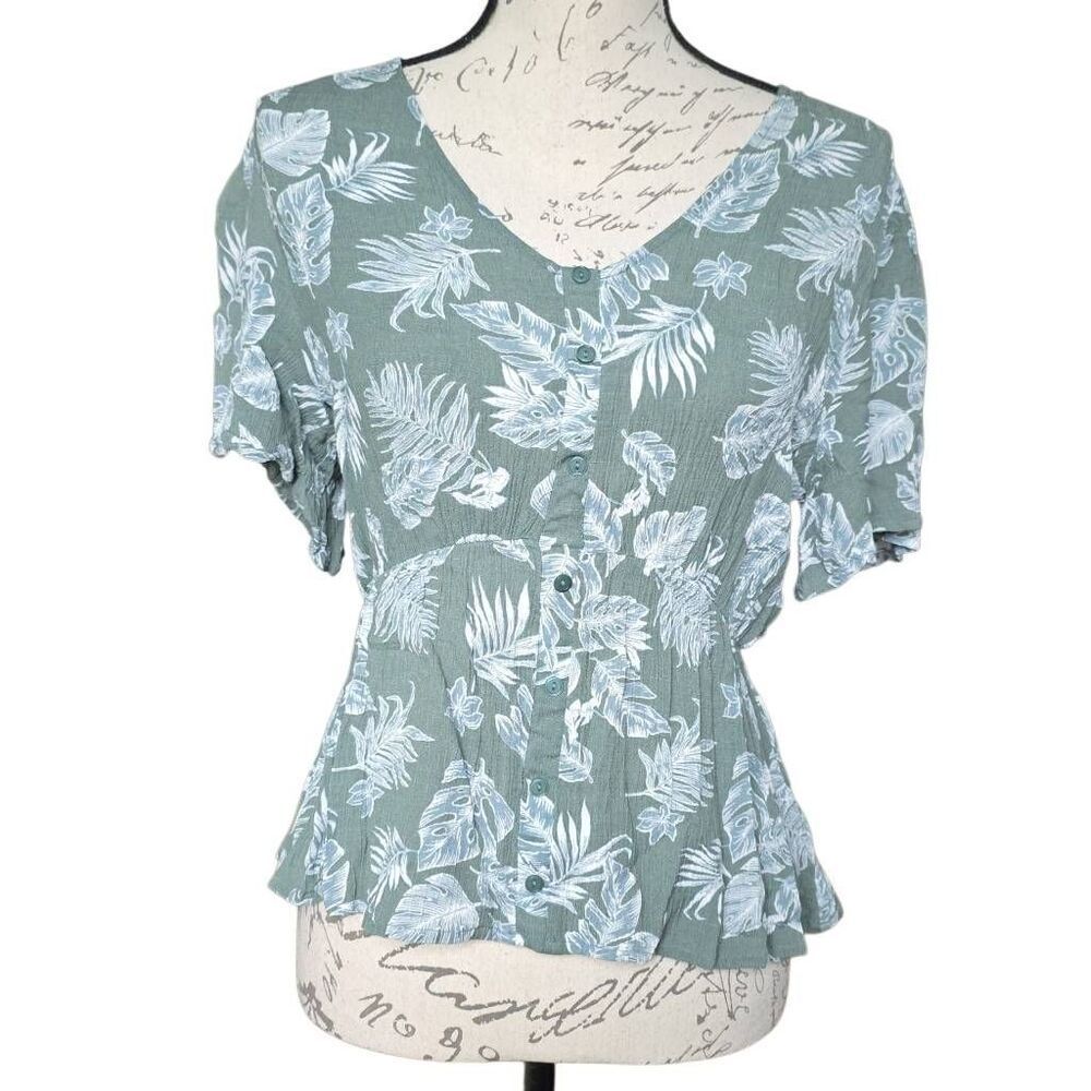 Lush Women's Size Large Olive Cream Monstera Palm Leave Print Button V-Neck Top
